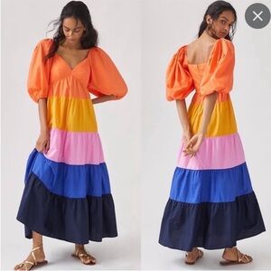 NWOT Anthropologie Farm Rio Puff Sleeve Tiered Colorblock Maxi Dress Sm petite